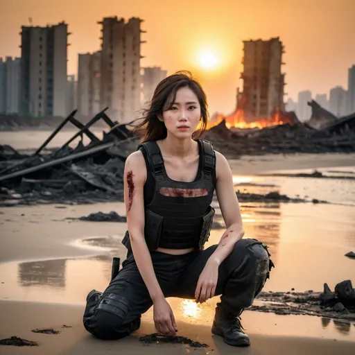 Prompt: a woman wearing armoured trousers and a vest top top with battle scars sits on a burning beach in china with the sun setting and a city in ruins behind