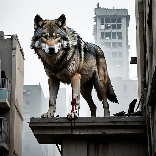 Prompt: a lone wolf with battle scars standing on a building with injured humans in the street below