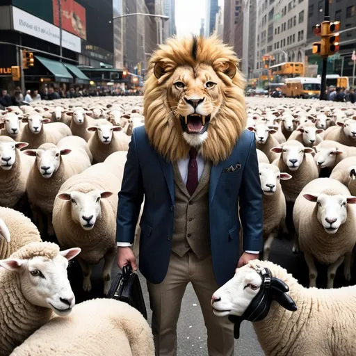Prompt: a highly detailed lion roaring standing in the middle of a herd of sheep in clothes, some sheep with briefcases some sheep with mobile phones in  new york city