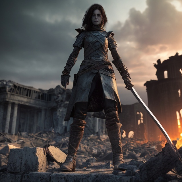 Prompt: ultra realistic woman stands alone ontop of a ruined city sword in hand