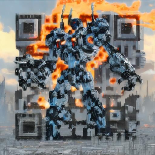 Prompt: masterpiece, best quality, mecha, no humans, black armor, blue eyes, science fiction, fire, laser canon beam, war, conflict, destroyed city background