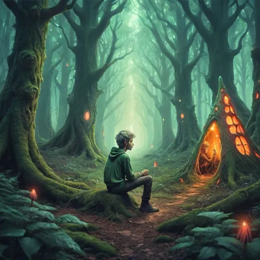 Prompt: Lonely boy in the forest talking to weird elves psychedelic entities 
