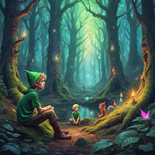Prompt: Lonely boy in the forest talking to elves  with psychedelic theme 