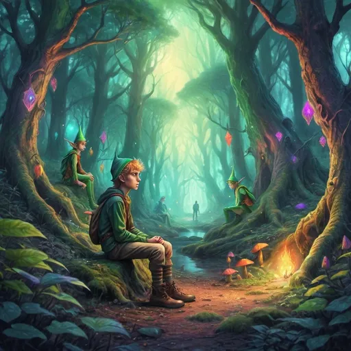 Prompt: Lonely boy in the forest talking to elves  with psychedelic theme 