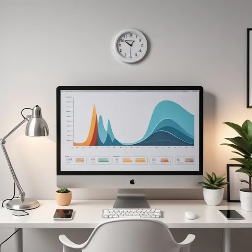 Prompt: Data analyst's DesK, a computer monitor sitting on top of a desk next to a chair and a lamp on a table next to a plant, Andries Stock, computer art, smooth and clean vector curves, a stock photo
