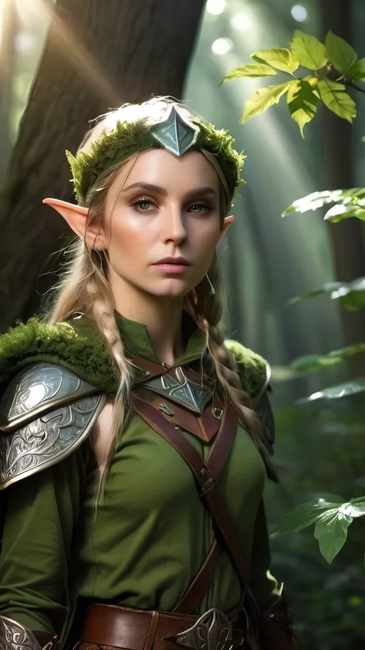 Prompt: Elf ranger in a mystical forest around sunlight