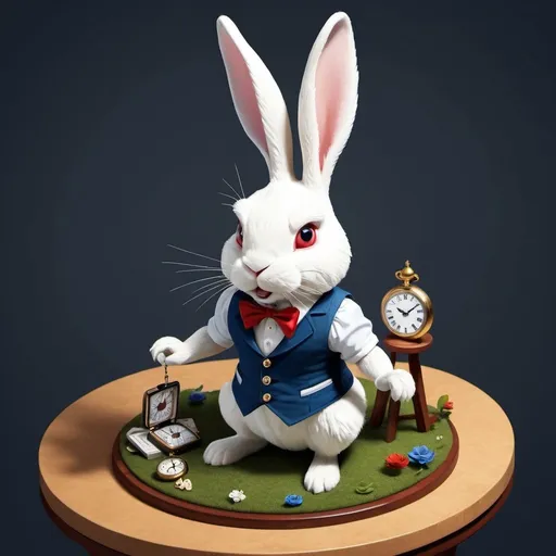 Prompt: "Create an isometric perspective magical scene inspired by Alice in Wonderland, featuring the "white male rabbit wearing navy blue waistcoat with pocket watch" character. The Item should be stylized, cartoonish and semi-real textures. the key light shining from the top right to create. The scene should be clean and polished without any surroundedobjects. The character supposed to be used as a unique object in a casual mobile game.