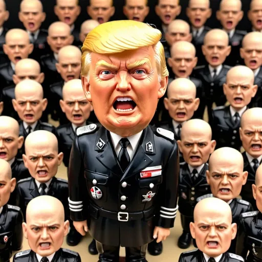 Prompt: Donald Trump bobble-head in a German nazi SS uniform. The bobble-head has a deranged look and is yelling. The background has hundreds of small MAGA men and women bobble-head figures.