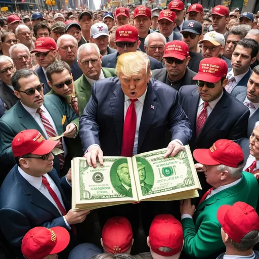 Prompt: Fat Donald Trump, green suit with gold dollar symbols, holding book with American flag and gold letter T on the cover, crowd of fat old men and women in red baseball caps surrounding Trump, crowd has crumpled money in their hands, New York City street, picture taken from above. 