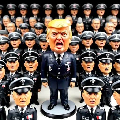 Prompt: Donald Trump bobble-head in a German nazi SS uniform. The bobble-head has a deranged look and is yelling. The background has hundreds of small MAGA men and women bobble-head figures.