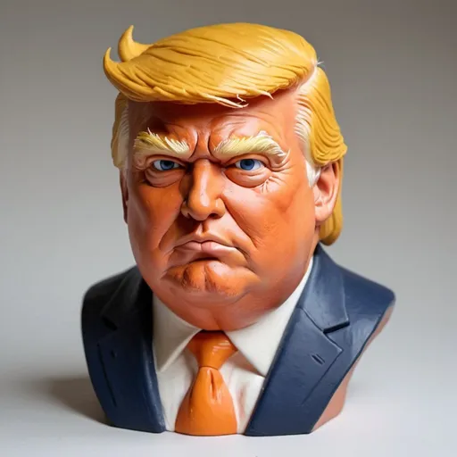 Prompt: Fat Donald Trump clay art head and chest painted realistic colors. His hair is blonde and face is orange hued. 