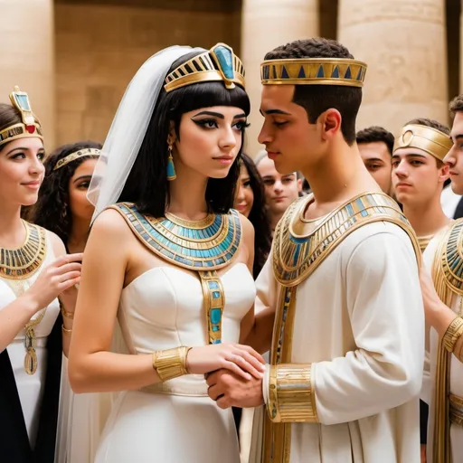 Prompt: Wedding of Cleopatra, Egyptian queen, 18 years old, marring her brother, young king 12 years, pharaoh, wedding ceremony, 