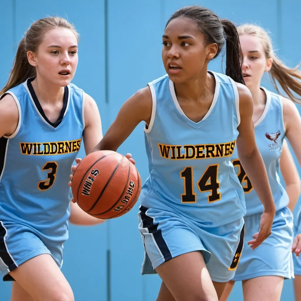 Prompt: combined sport action images of girls Basketball and Netball action Use Wilderness School name on shirts and  sky blue uniforms