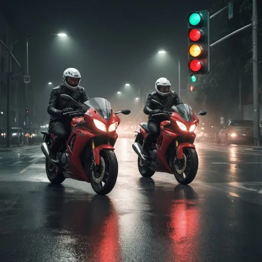 Prompt: A four-way stop at night. The red and green traffic lights reflecting in the water spots on the road. A motorbike speeding past while two white men standing by watching the bike and throwing their fists up at the speeding bike. Photo realistic.