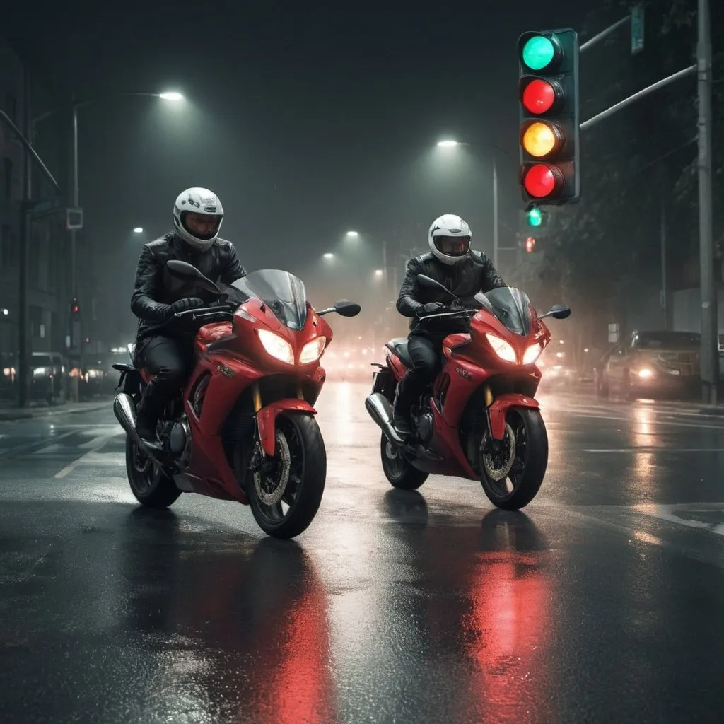 Prompt: A four-way stop at night. The red and green traffic lights reflecting in the water spots on the road. A motorbike speeding past while two white men standing by watching the bike and throwing their fists up at the speeding bike. Photo realistic.