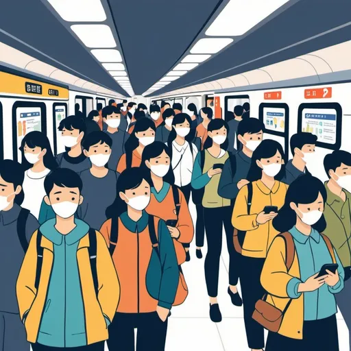 Prompt: Flat illustration of people trying to find their way to head in the right direction in Seoul's subway system while in the subway station. Include people viewing and pointing at dashboards and directional boards and have one hand holding phone with navigation app. Some people look confused.