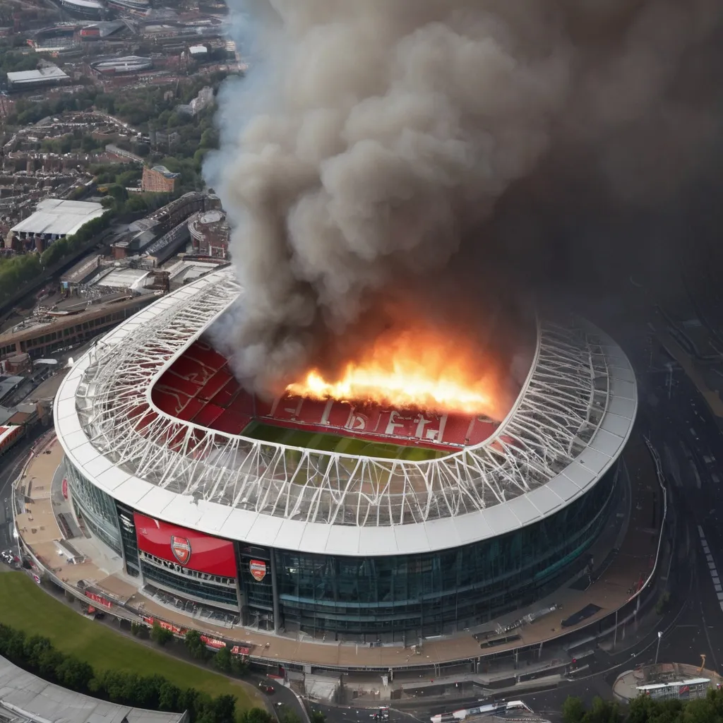 Prompt: the arsenal emirates stadium on fire