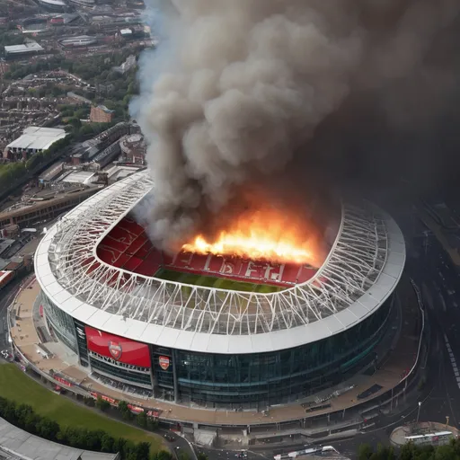 Prompt: the arsenal emirates stadium on fire