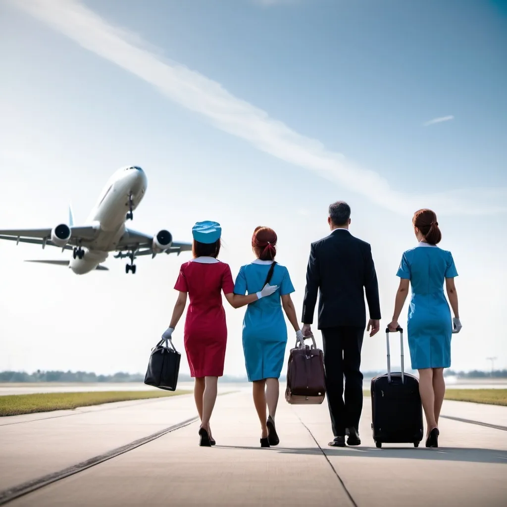 Prompt: a doctor, flight attendant, nurse, teacher carrying a bag with a background of airplane in a runway. Just like traveling, low angle photo, 