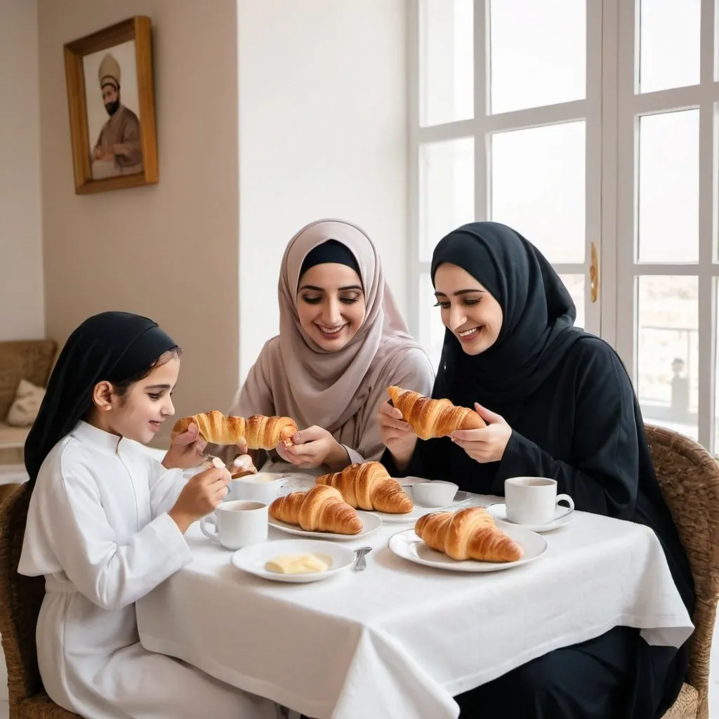 Prompt: an arab family eating croissants at breakfast (women wearing abayas)