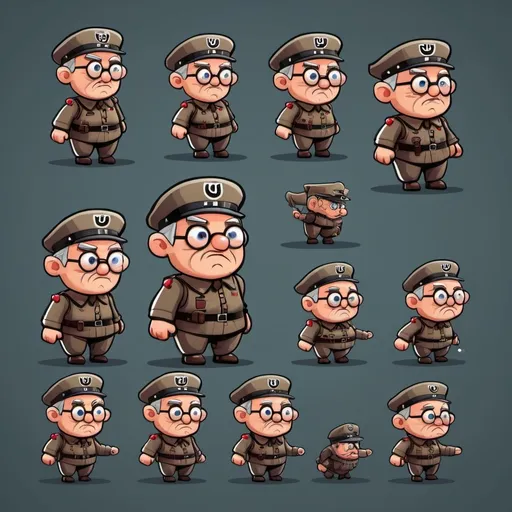 Prompt: 2D gramma nazi character. Suitable for side-scrolling adventure and platformer games.

Features:
- 9 animation states (idle, jump, fall, climb) 
- 10 frames for each states