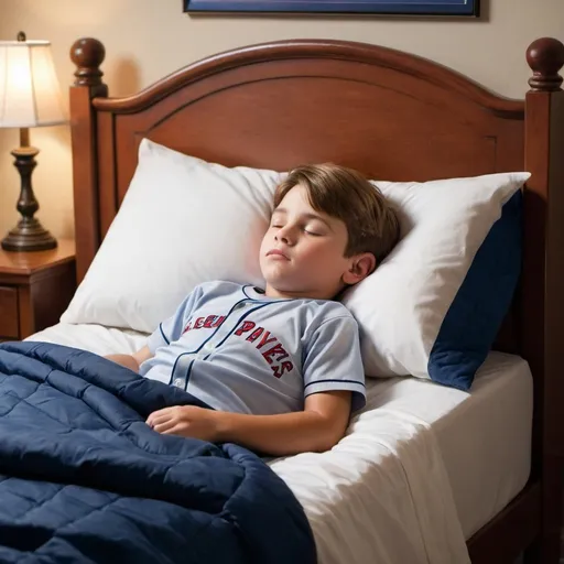 Prompt: A boy in bed sleeping and dreaming about being a major league baseball player when he grows up.
