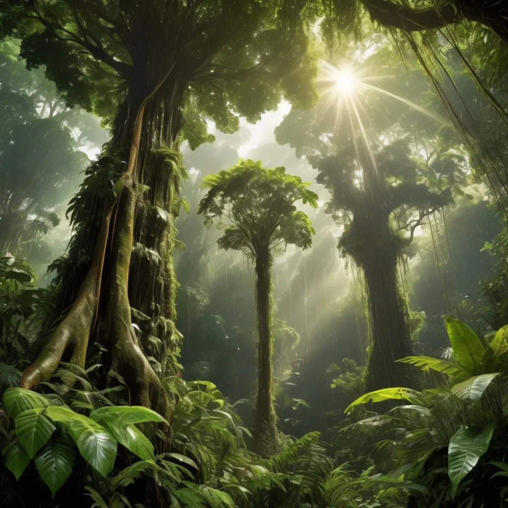 Prompt: These trees don’t just provide shade; they actually create rain! Amazon trees release water into the air, forming clouds that bring rain back to the forest!"