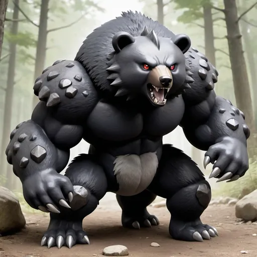 Prompt: pokemon Ursaring (Cadia Regional Variant)
Type: Normal/Ground

Appearance: black bear

Color Scheme: Dark black fur with gray and rocky textures.
Features: Massive front paws, a rugged face, and a strong, muscular body with rocky protrusions.
Description: This Cadia regional variant of Ursaring has adapted to the rough terrain of the region. Its powerful paws and rugged build help it navigate and defend its territory effectively.