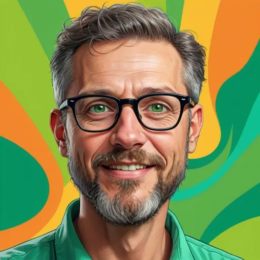 Prompt:  a man in his late 40s with black rimmed glasses and green eyes and a beard, 4k hi resolution cartoon profile picture