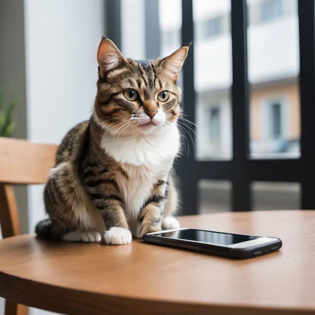 Prompt: A cat sitting on table.using mobile phone

