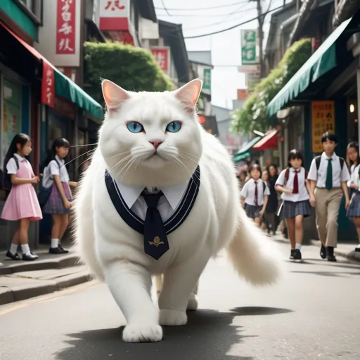 Prompt: A cinematic-style, full-body shot capturing a giant white cat gracefully walking down a bustling street alongside an Asian schoolgirl. The scene is framed as a movie still, showcasing the cat's impressive size and fluffy coat, while the schoolgirl wears a stylish uniform with vibrant accessories. The street is filled with urban details like colorful storefronts and greenery in the background, creating a sense of realism. The lighting is soft yet dramatic, reminiscent of a fashion photographer's aesthetic, highlighting the playful interaction between the whimsical cat and the girl in a lively city environment.