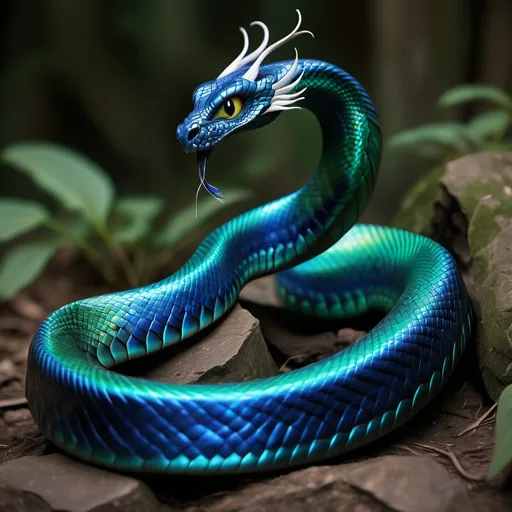 Prompt: dragon-snake hybrid: A mesmerizing animal with the long, sinuous body of a snake, but it has a peacock's beautiful, iridescent tail feathers at the end. The snake’s scales shimmer in shades of blue and green, while the tail fans out with bright, eye-catching designs. The creature slithers gracefully, leaving a trail of color behind it.