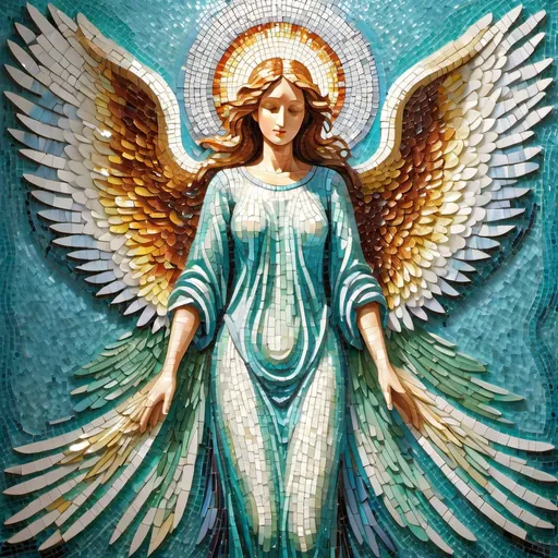 Prompt: An ultra-realistic depiction of an angel crafted in the chromoluminarism glass mosaic style, featuring an array of shiny turquoise gemstones. The angel's wings are intricately detailed, shimmering with bright, rich colors that create a radiant effect. The background is a harmonious blend of light and color, enhancing the luminous quality of the mosaic and emphasizing the ethereal beauty of the angelic figure. The overall composition evokes a sense of serenity and divine grace, making it a stunning visual masterpiece. the angel have a chinese young girl face