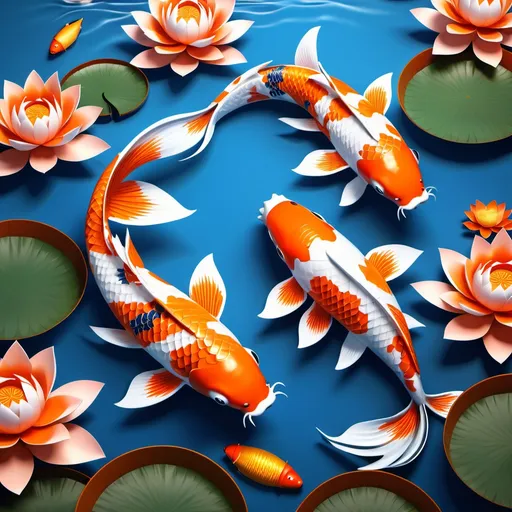 Prompt: 3D, two koi swimming in the water surrounded by blooming lotus flowers, with a white background, orange and blue color scheme, high resolution, high detail, and high quality, chinse new year style