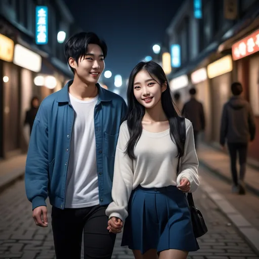 Prompt: a photorealistic image, a beautiful young couple of 23 years old, of Korean descent, the girl has black hair with a beautiful blue streak, they are walking hand in hand on a dark and very cozy street, night lighting, the couple is smiling and happy, 8k, high resolution, Phase One camera, 85mm lens, real skin texture, scene with many colors, happy, perfect hands with 5 fingers