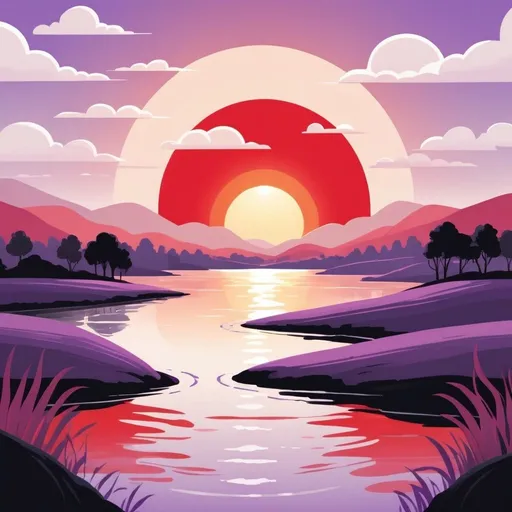 Prompt: The sun shines brightly, surrounded by a tranquil natural environment, with the sky resembling a body of water. The scene is painted with a palette of purple, red, white, and black. illustration for book cover, flat design.
