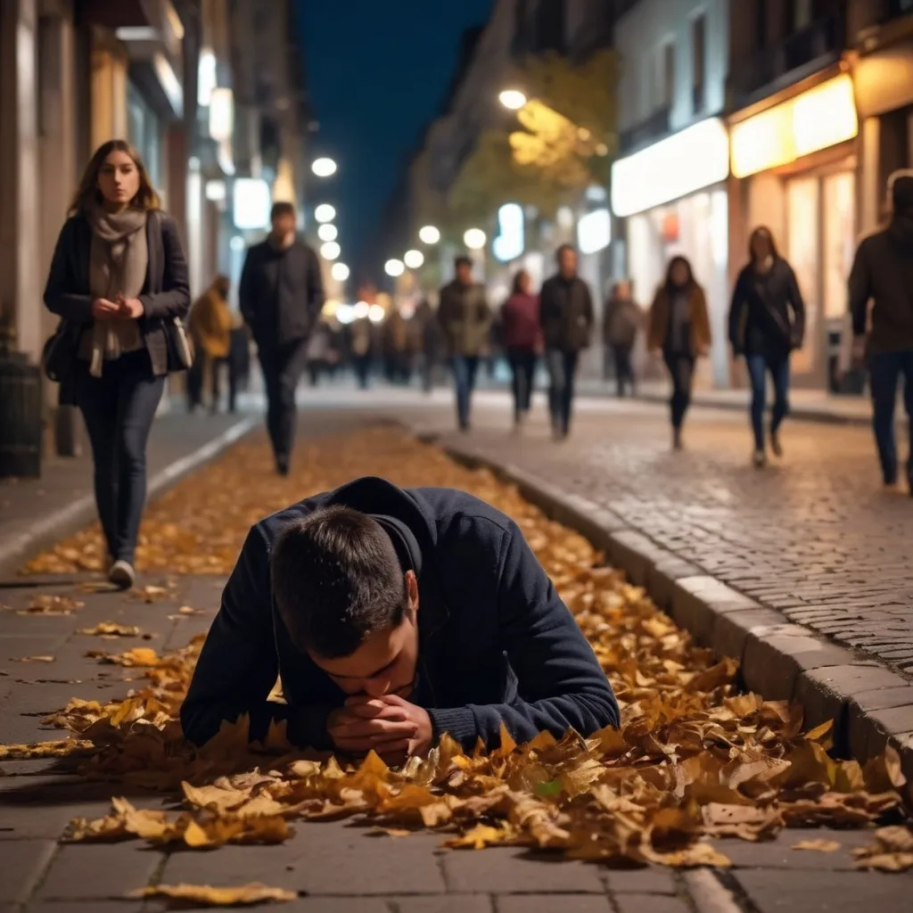 Prompt: durmiendo en la calle rodeado de personas