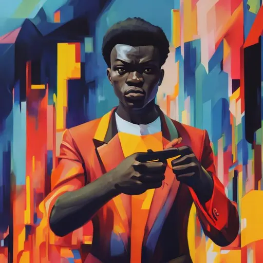 Prompt: a man holding pro camerouo in his right hand and pointing at the camera with a serious look on his face, Chinwe Chukwuogo-Roy, cubo-futurism, portrait photography, a picture