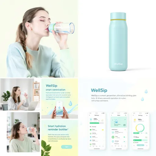 Prompt: 1.Model
WellSip smart hydration bottle for the new generation, in soft pastel tones (light blue, mint green, and yellow accent), minimal design that fits all lifestyles. Features include hydration sensor, AI-driven personalized drinking plan, and intelligent reminder with LED indicator. Product concept for advertising, side view, white background, sleek and modern, fresh and energizing mood.

2.Mood Board
Mood board design for WellSip, a smart hydration reminder bottle and app.
Theme: refreshing, modern, and playful with a touch of minimalism.
Colors: soft sky blue (freshness), mint green (health), light yellow (energy & positivity).
Visual elements: water drops, progress bars, hydration score graphics, friendly motivational microcopy, clean app UI screens.
Style: clean, simple, eye-pleasing, and trustworthy.
Include lifestyle imagery of students, office workers, and health-conscious users drinking water.
Format: horizontal presentation layout with multiple sections for color palette, typography, icons, lifestyle photos, and UI mockups.

3.Logo
Minimalist and modern logo design for WellSip, a smart hydration reminder bottle. Use fresh and vibrant colors such as light blue (refreshing), mint green (health), and soft yellow (energy and positivity). Incorporate symbols of a water droplet and a progress bar to represent hydration tracking. The style should feel refreshing, fun, and trustworthy, with a clean and eye-catching look suitable for both app icon and product branding.