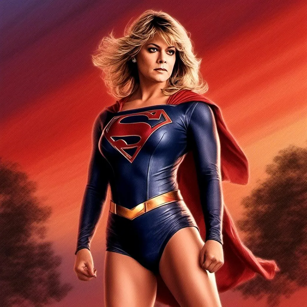 Prompt: Supergirl, bare legs, full body, moving in action, evening, red sky. <mymodel>