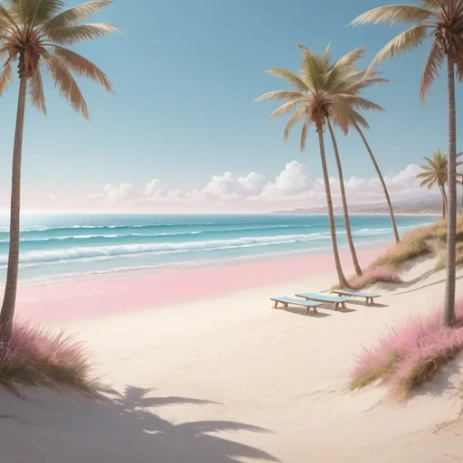 Prompt: Create a digital artwork of a beautiful beach scene with soft, golden sand and a clear, expansive blue ocean taking up a significant portion of the scene. Use light pink hues for the overall color palette to create a warm and inviting atmosphere. In the foreground, leave an open space of about 50% of the canvas width and height, centered horizontally and vertically, where a product can be placed later. Ensure that this space has no people or objects.

In the background and around the open space, add a lot of tiny people sunbathing directly on the sand and playing beach games like volleyball. In the ocean, depict even smaller figures swimming and a few people on surfboards or paddleboards. Add seagulls in the sky and a few palm trees along the edges of the scene for added detail. The overall mood should be bright and summery, with clear skies and vibrant colors.