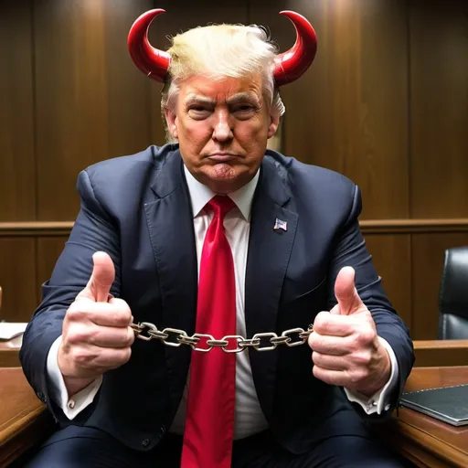 Prompt: Donald Trump  with devil horns holding a judge in handcuffs

