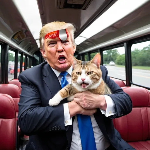 Prompt: Donald Trump in a bus grabbing a cat angrily 