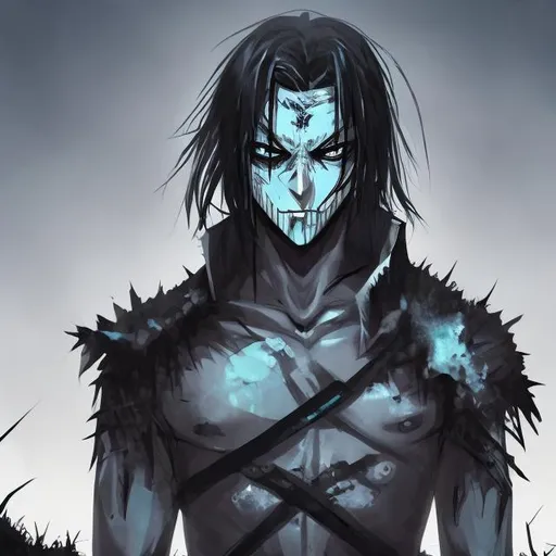 Prompt: e.g. male undead fighter ,black hair, gunmetal blue eyes pale skin scars dark circles depressed straight face half face gone long hair