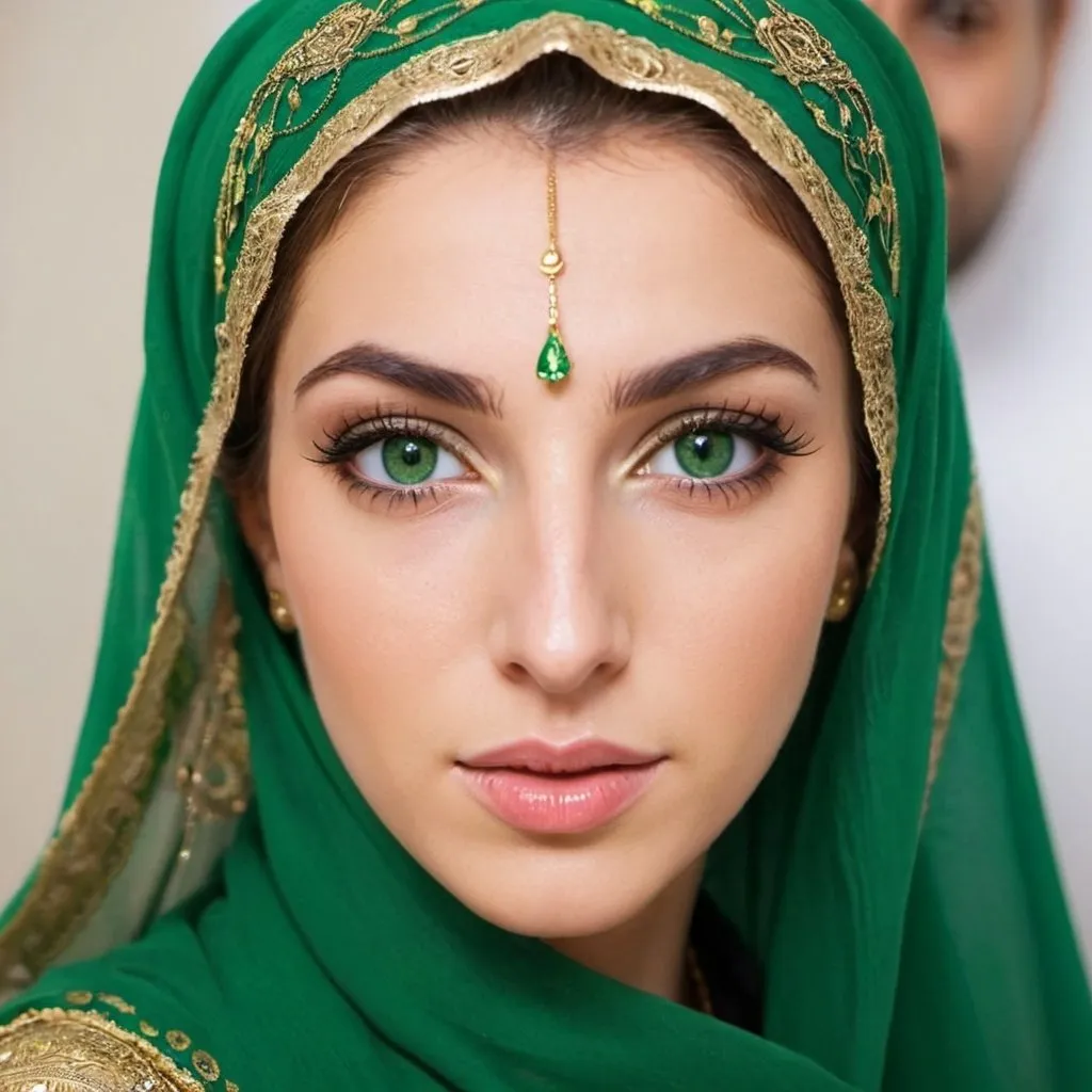 Prompt: Perfect skin Iran woman green eyes gold