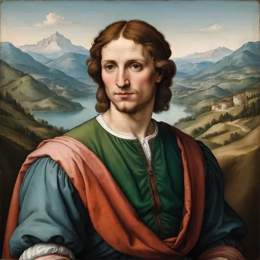 Prompt: A painted portrait of a man in the style of Italian Renaissance painter Raphael with mountains in the background.