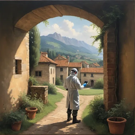 Prompt: Create an impressionist-style landscape painting on canvas depicting the external structure of SARS-CoV-2 within the ambiance of the 16th century. Despite the historical setting, prominently feature a scientist adorned in modern personal protective equipment (PPE) amidst the landscape of the 16th century.

The virus, with its characteristic spiked surface, should be delicately rendered amidst a backdrop of 16th-century scenery. Capture the essence of Renaissance landscapes, with rolling hills, winding rivers, and quaint villages nestled among lush greenery.

Amidst this picturesque setting, place a scientist wearing modern PPE, including a face mask, gloves, and protective clothing, as they study the virus. Surround the scientist with elements of the 16th century, such as rustic buildings, winding pathways, and distant mountains, blending seamlessly with the natural beauty of the landscape.

Utilize impressionist brushstrokes to convey the play of light and shadow across the scene, infusing the painting with a sense of movement and atmosphere. Through this juxtaposition of past and present, evoke a contemplative mood that invites viewers to reflect on the intersection of science, history, and the timeless beauty of the natural world.