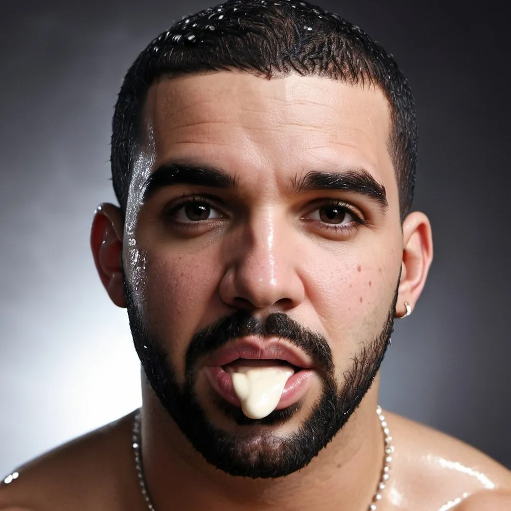 Prompt: drake with wet cream coming out from his mouth, sensual look in the eyes