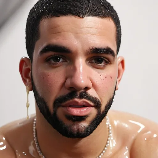 Prompt: drake with wet cream spurts on face, sensual look in the eyes