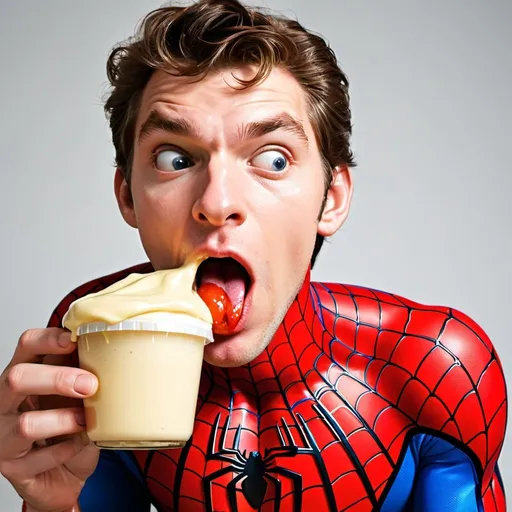 Prompt: spiderman licking mayo off lips